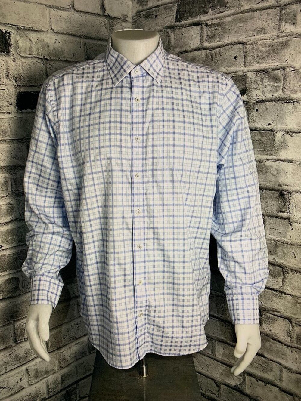 Bugatchi Shirt Mens XL White Blue Check Plaid Flip Cuffs Long Sleeve Classic Fit